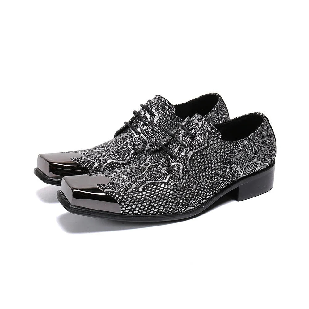 Men's Handmade Dark Gray Snake Pattern Leather Lace-up Oxford Shoes