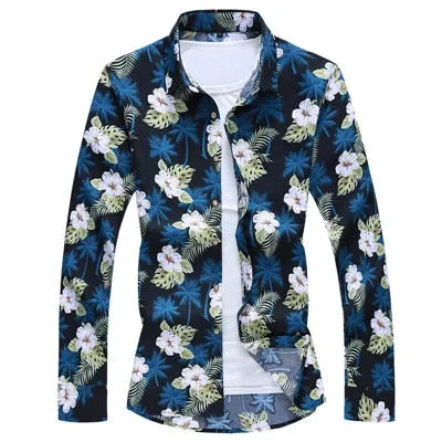 Men's Polyester Slim Fit Turn-down Collar Floral Pattern Long Sleeve Shirt