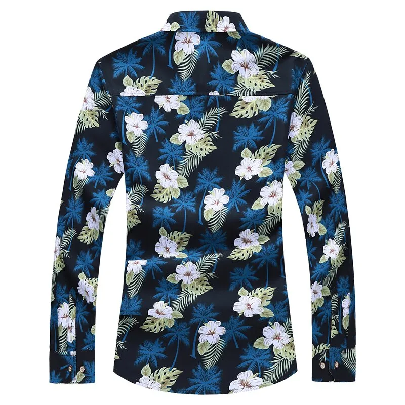 Men's Polyester Slim Fit Turn-down Collar Floral Pattern Long Sleeve Shirt