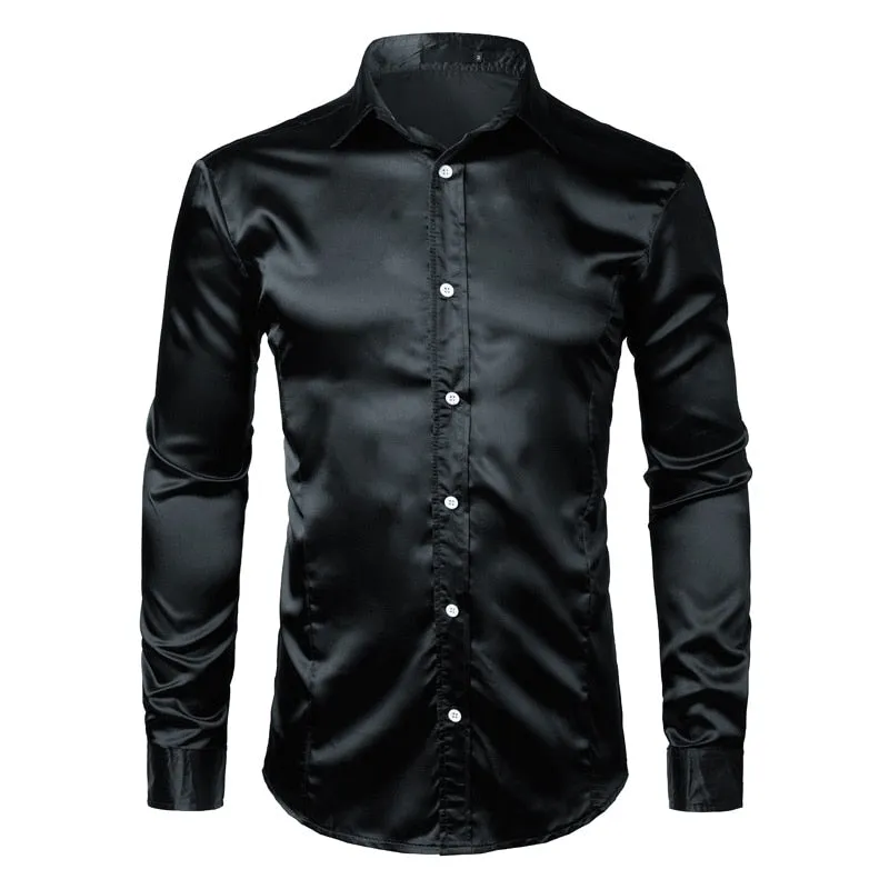 Men's Shiny Solid Color Turn-down Collar Slim Fit Long Sleeve Shirt