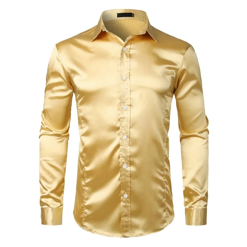 Men's Shiny Solid Color Turn-down Collar Slim Fit Long Sleeve Shirt