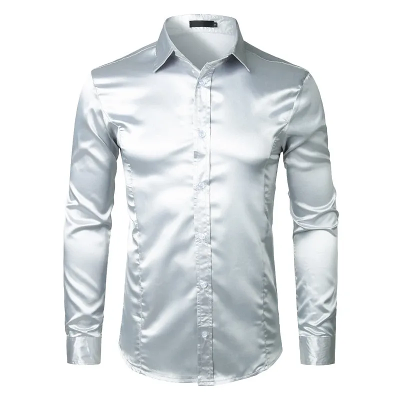 Men's Shiny Solid Color Turn-down Collar Slim Fit Long Sleeve Shirt