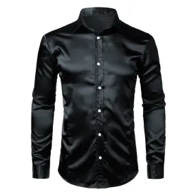 Men's Shiny Solid Color Turn-down Collar Slim Fit Long Sleeve Shirt