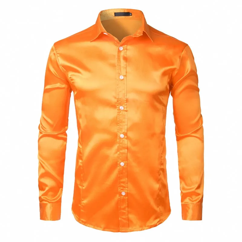 Men's Shiny Solid Color Turn-down Collar Slim Fit Long Sleeve Shirt