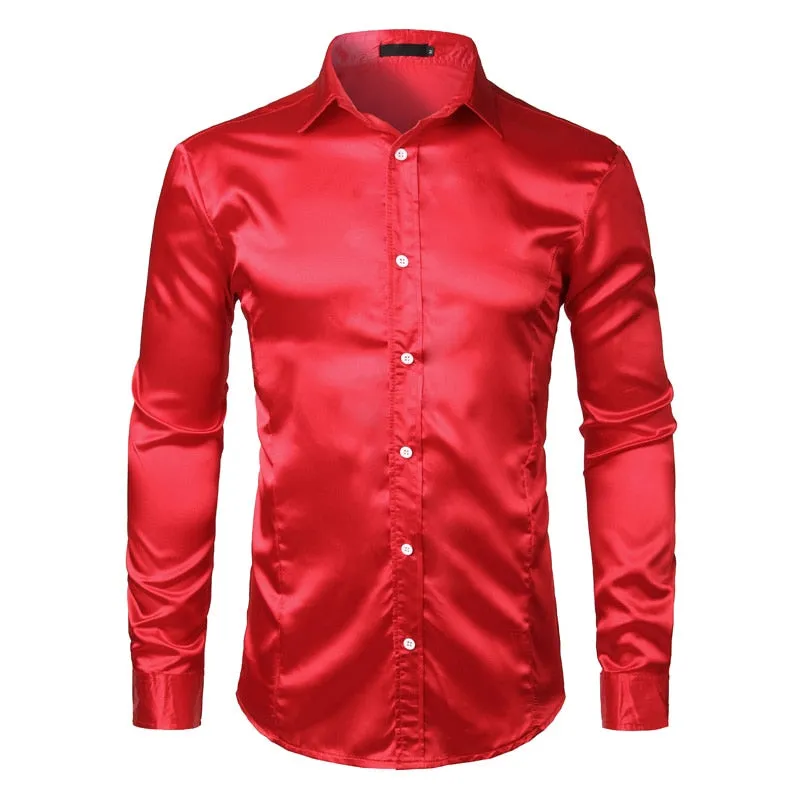 Men's Shiny Solid Color Turn-down Collar Slim Fit Long Sleeve Shirt