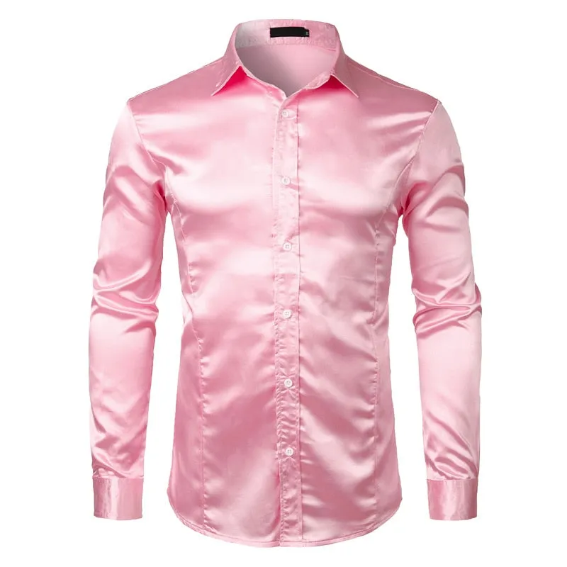 Men's Shiny Solid Color Turn-down Collar Slim Fit Long Sleeve Shirt