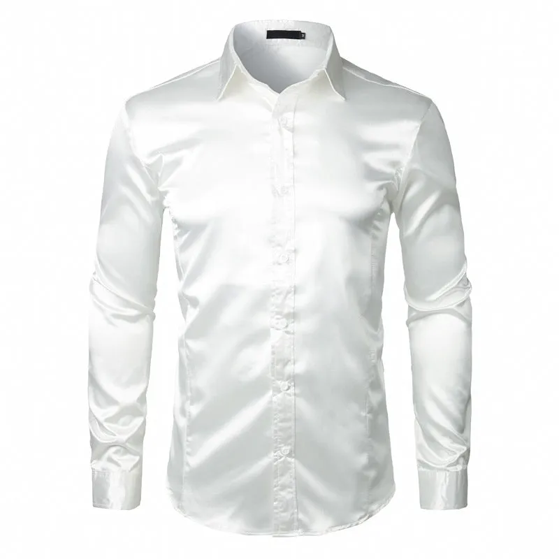 Men's Shiny Solid Color Turn-down Collar Slim Fit Long Sleeve Shirt