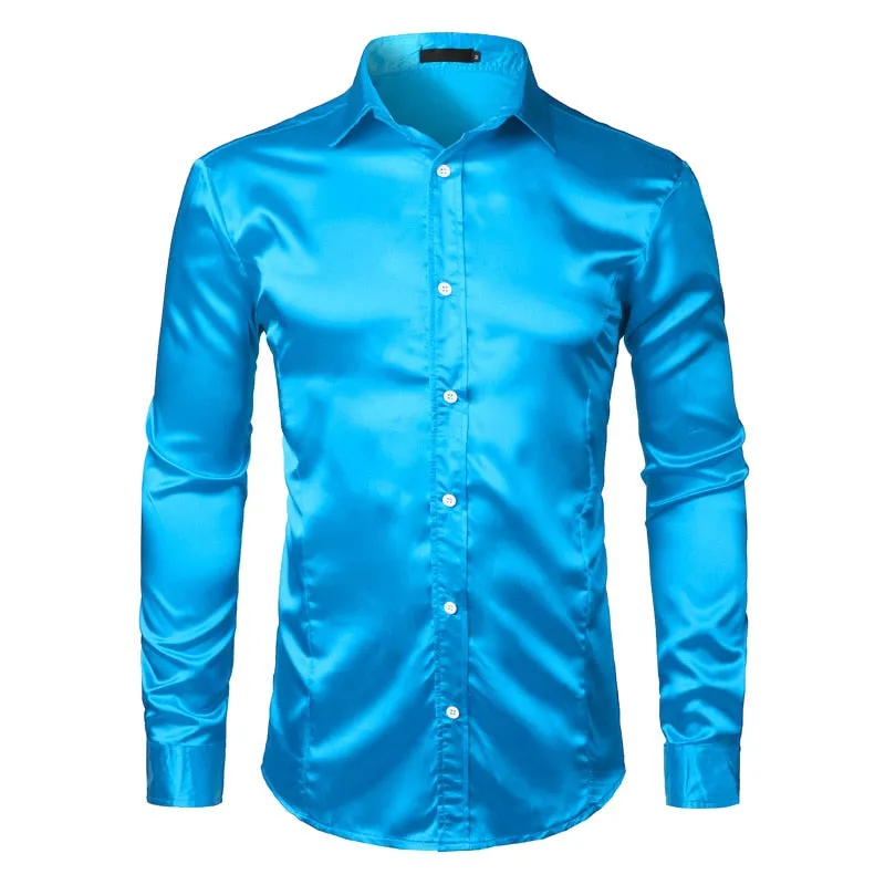 Men's Shiny Solid Color Turn-down Collar Slim Fit Long Sleeve Shirt