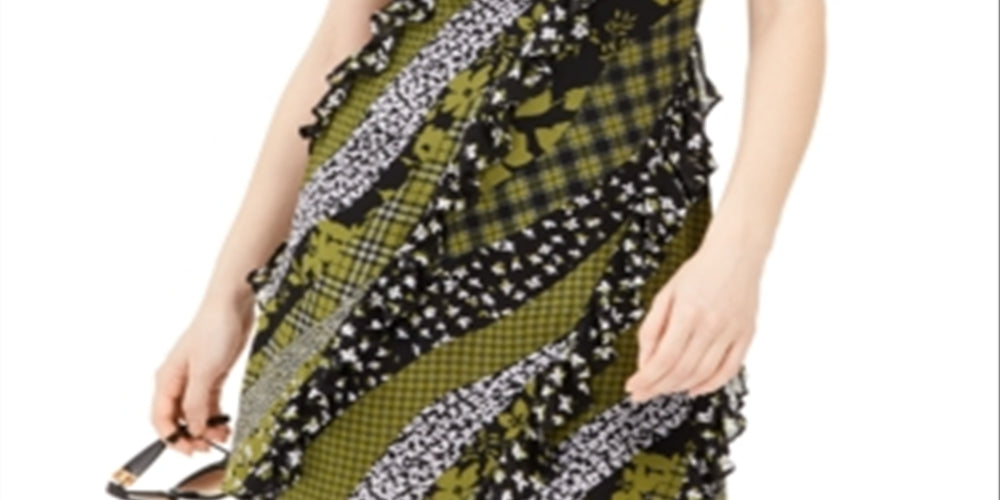 Michael Kors Women's Mixed Print Ruffled Dress Green Size 14