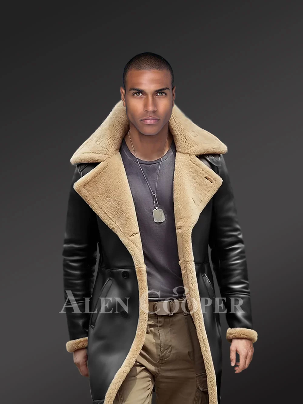 Nappa Finish Black Trench Shearling Coat For Men