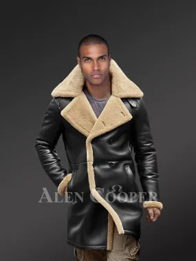 Nappa Finish Black Trench Shearling Coat For Men