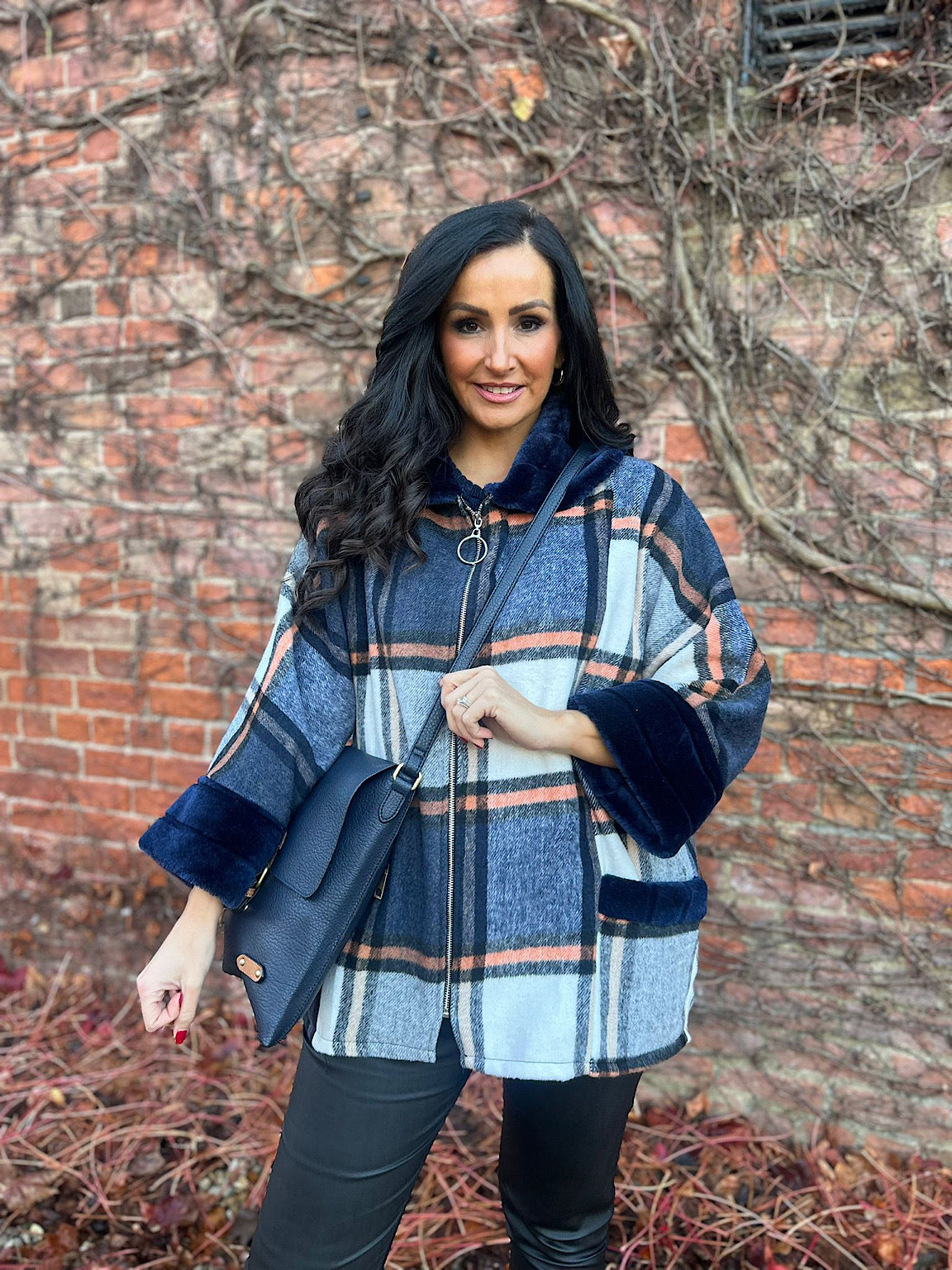 Navy Faux Fur Checked Jacket Devon