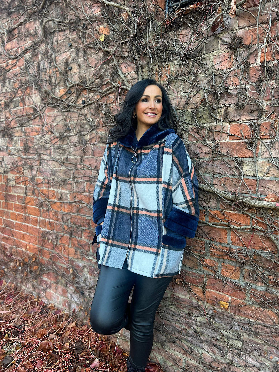 Navy Faux Fur Checked Jacket Devon