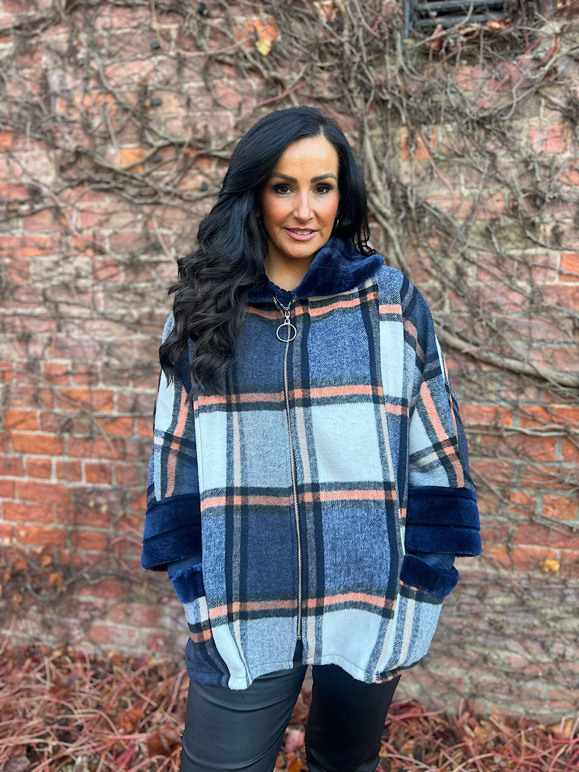 Navy Faux Fur Checked Jacket Devon