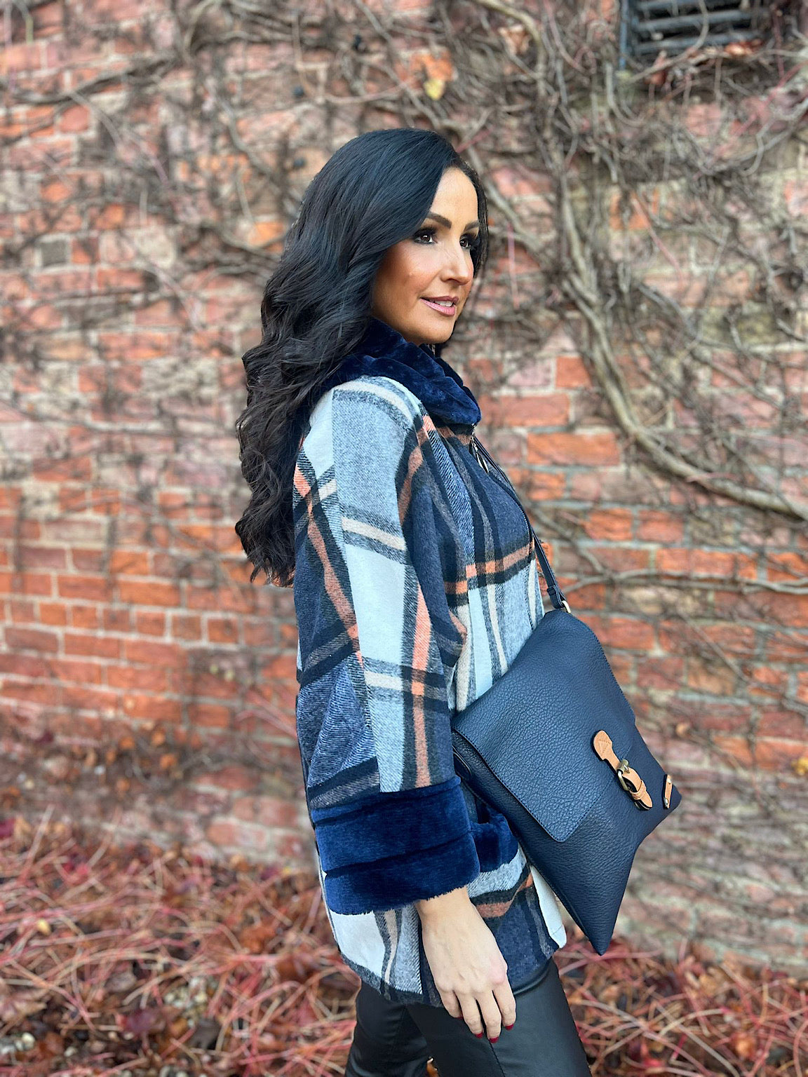 Navy Faux Fur Checked Jacket Devon