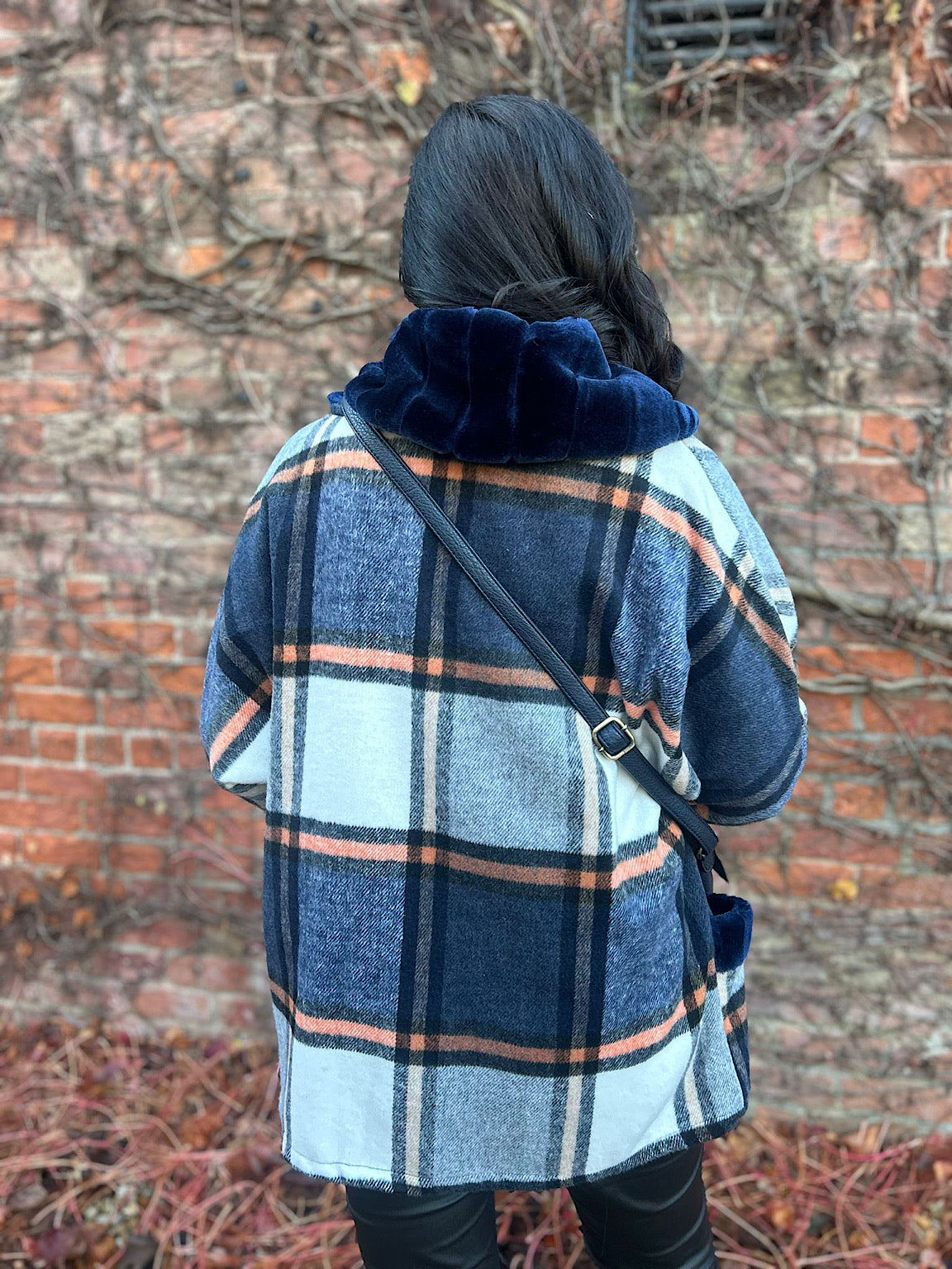 Navy Faux Fur Checked Jacket Devon