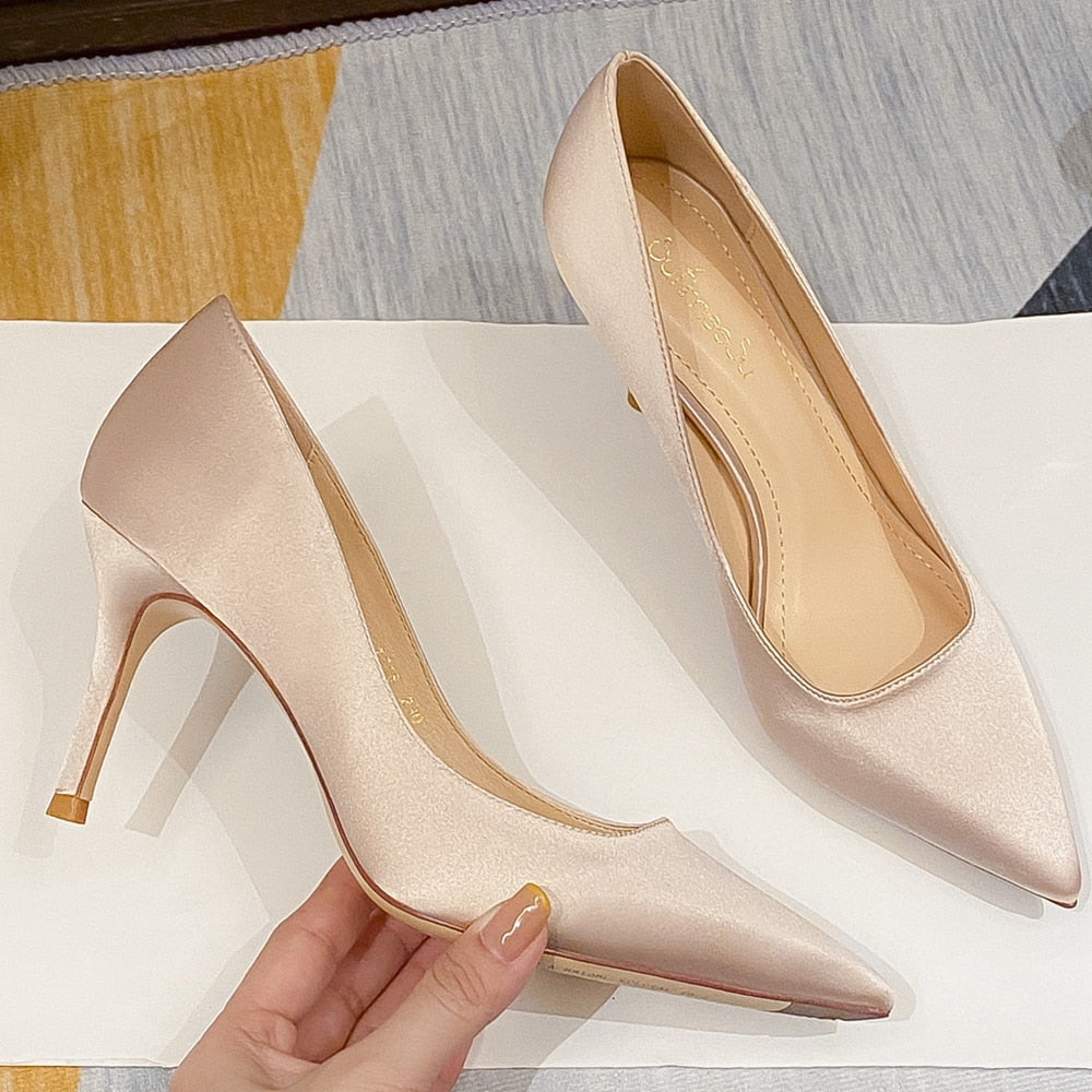 New Office Lady Pointed Toe Silk Satin Thin High Heels Stiletto