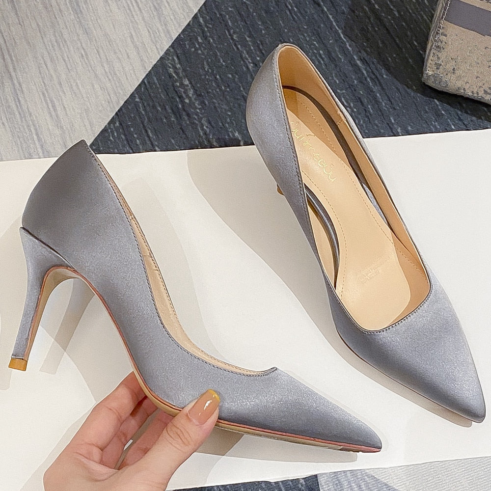 New Office Lady Pointed Toe Silk Satin Thin High Heels Stiletto