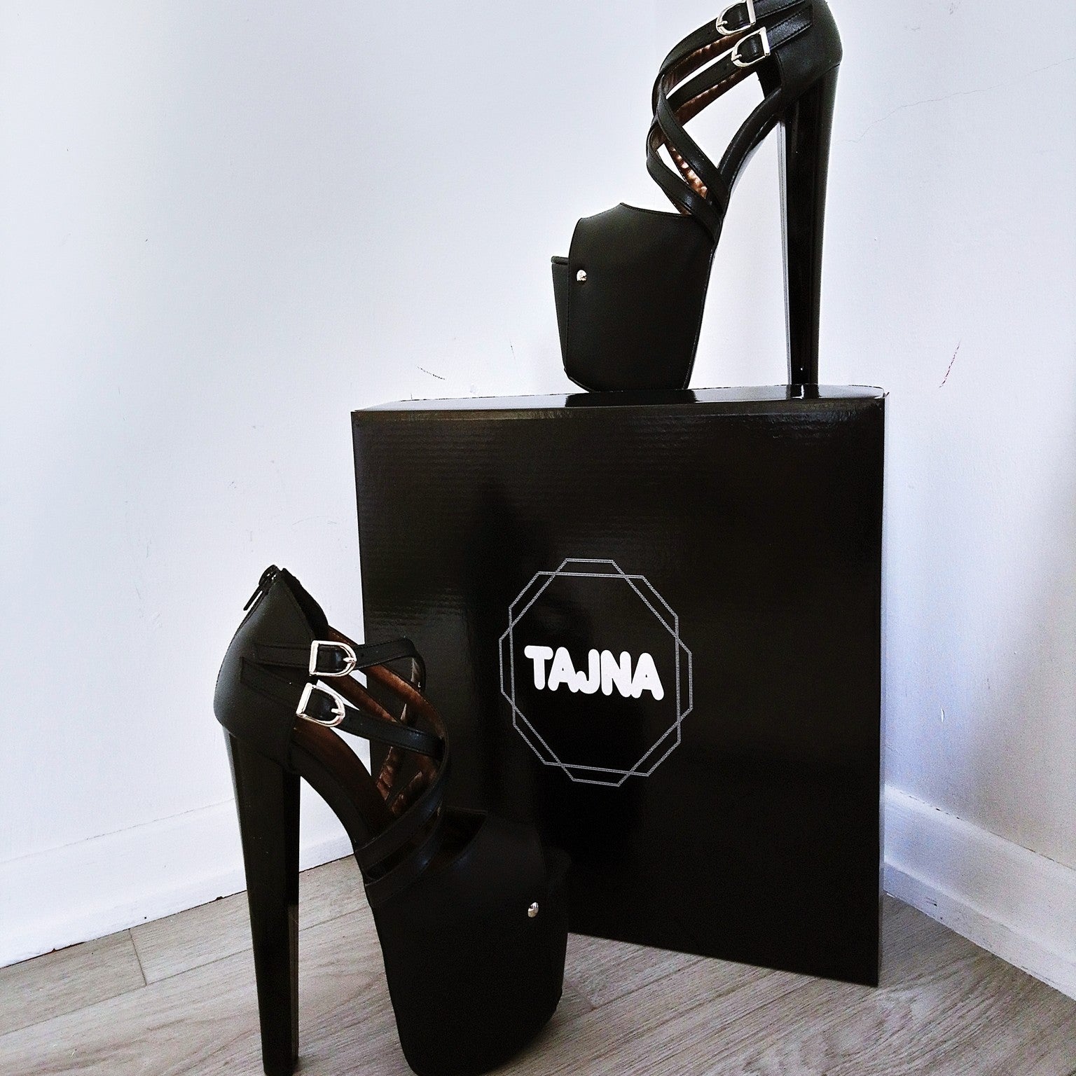 Peep Toe Cross Strap Black High Heel Platforms