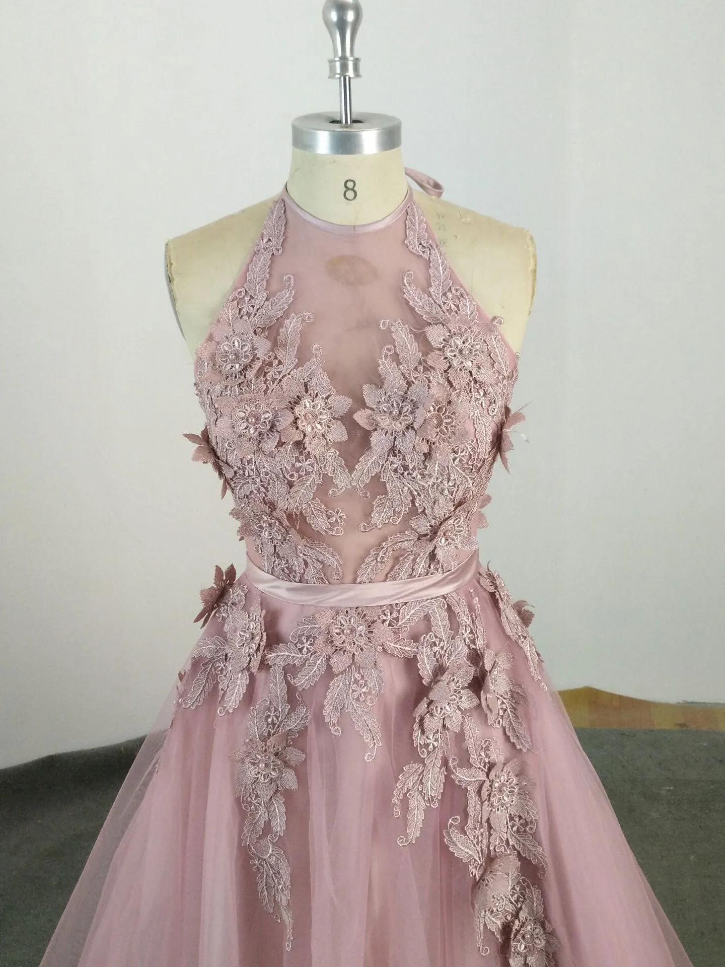 Pink High Neck Tulle Lace Applique Long Prom Dress, Pink Evening Dress