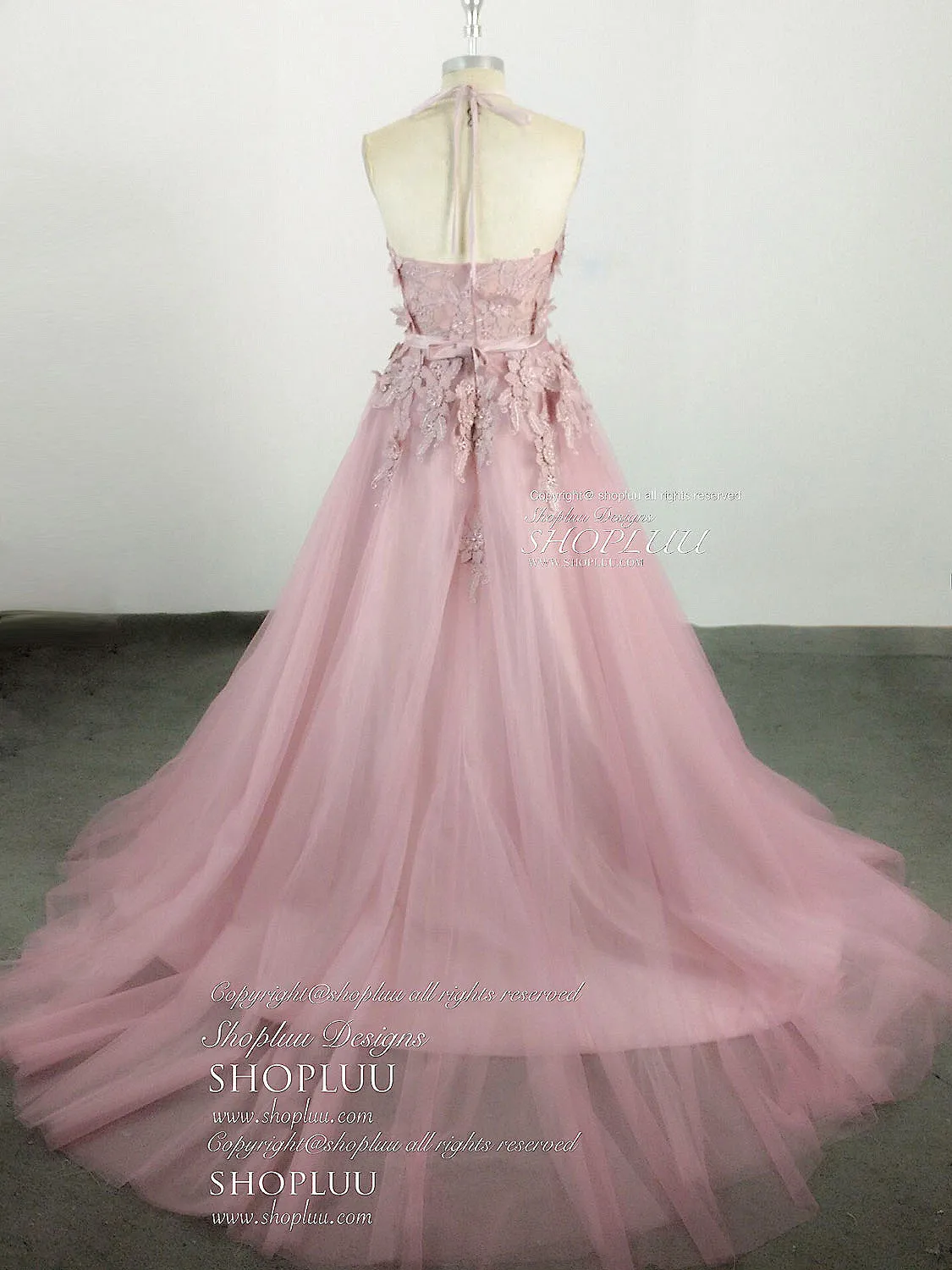 Pink High Neck Tulle Lace Applique Long Prom Dress, Pink Evening Dress