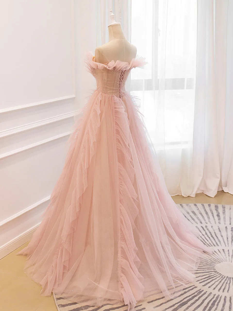 Pink Off Shoulder Tulle Long Prom Dress, Pink A line Tulle Graduation Dress