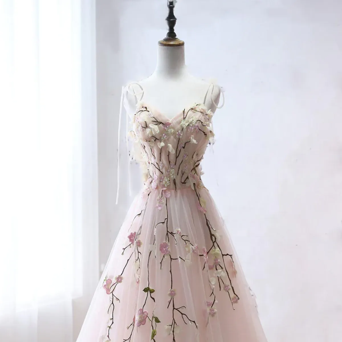 Pink Sweetheart Tulle with Lace Flowers Long Evening Dress, Pink Tulle Prom Dress