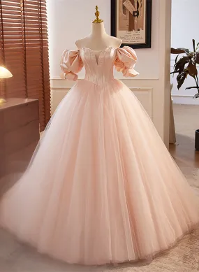 Pink Tulle and Satin Beaded Sweetheart Long Formal Dress, Pink Sweet 16 Dress