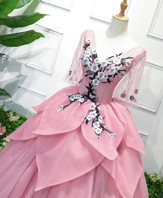 Pink Tulle Ball Gown Lace Sweet 16 Dress, Pink Quinceanera Gown with Flowers