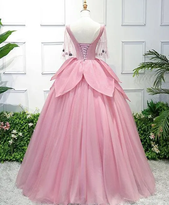 Pink Tulle Ball Gown Lace Sweet 16 Dress, Pink Quinceanera Gown with Flowers