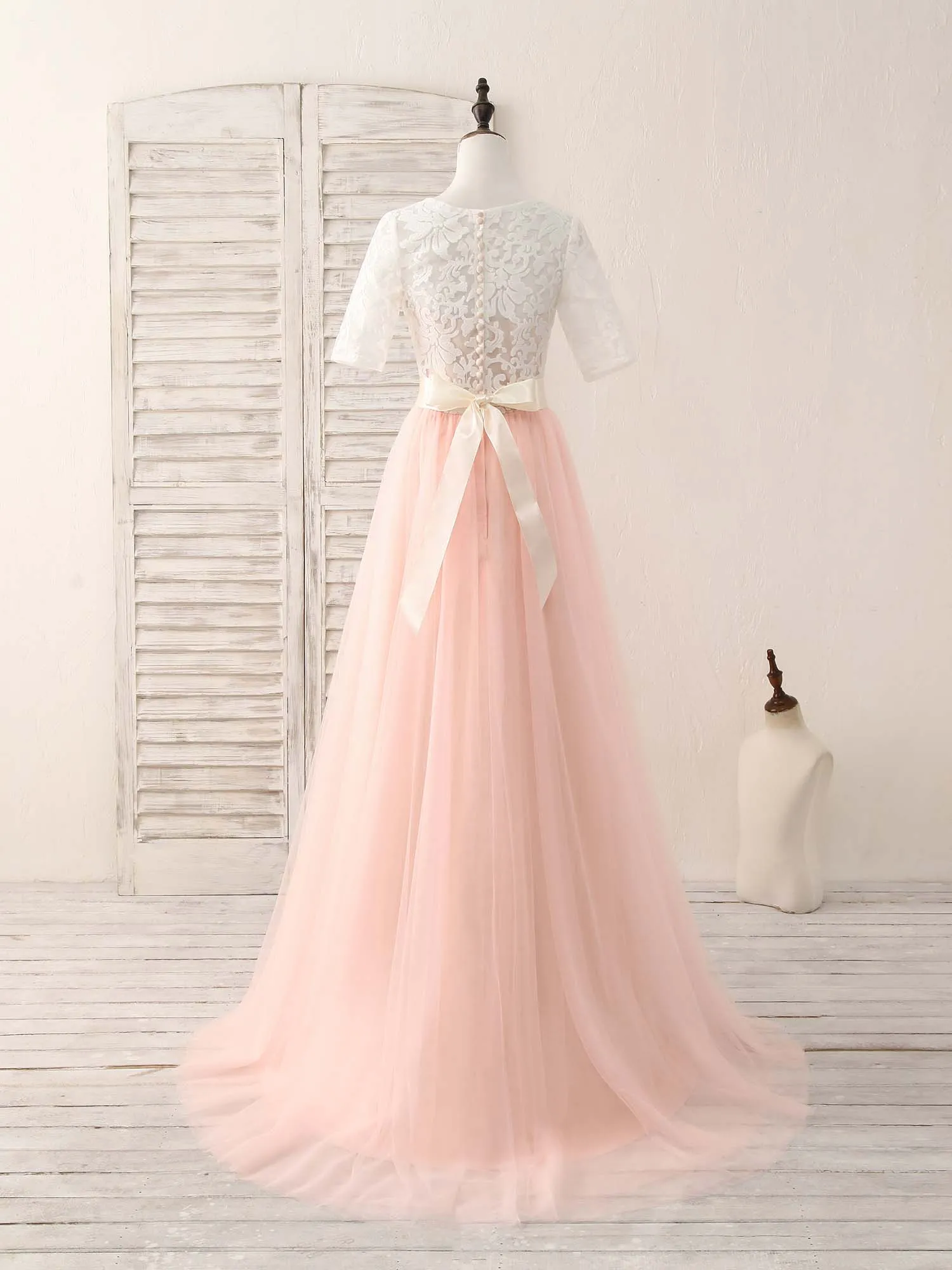 Pink Tulle Lace Long Prom Dress Pink Bridesmaid Dress