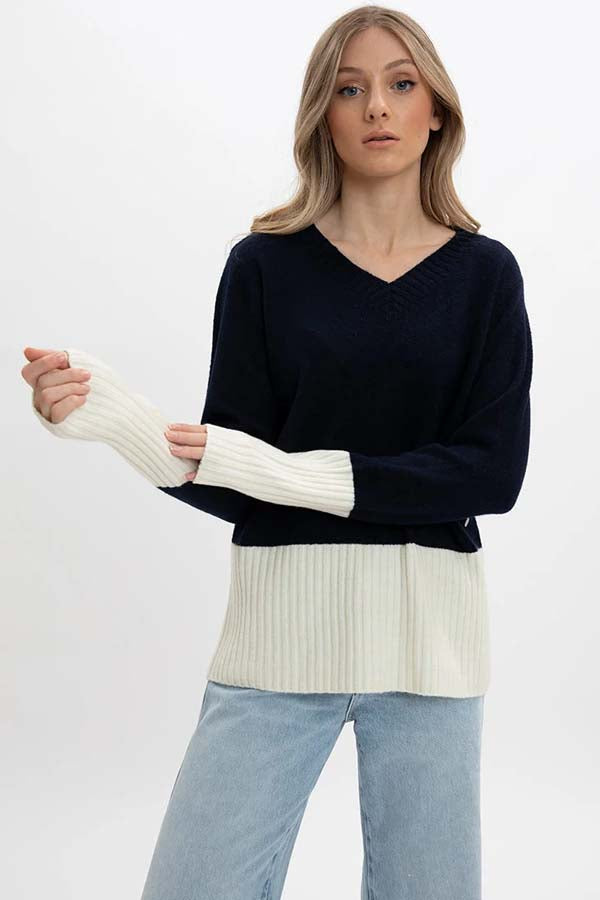 Point Zero Colour Block V-Neck Sweater