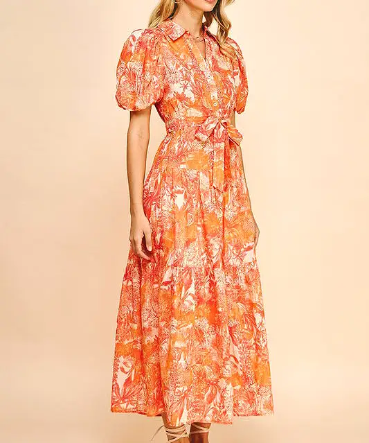 Printed Button Down Maxi Dress - Orange Multi