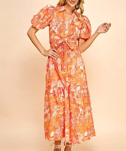 Printed Button Down Maxi Dress - Orange Multi