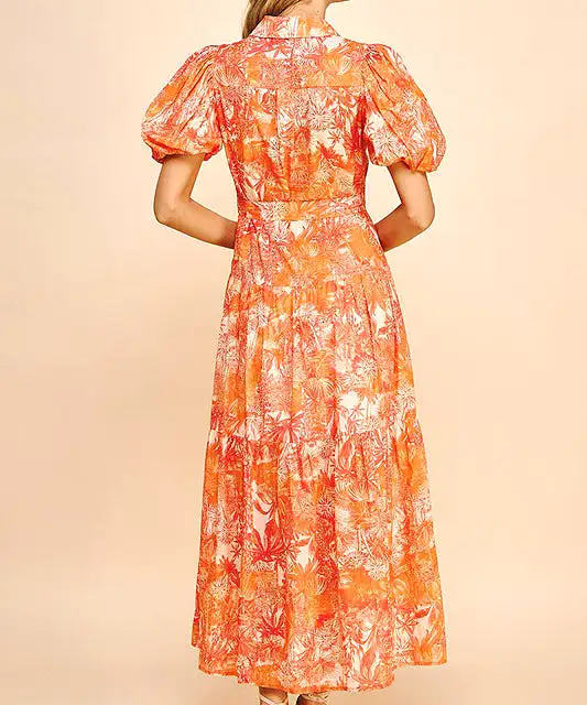 Printed Button Down Maxi Dress - Orange Multi