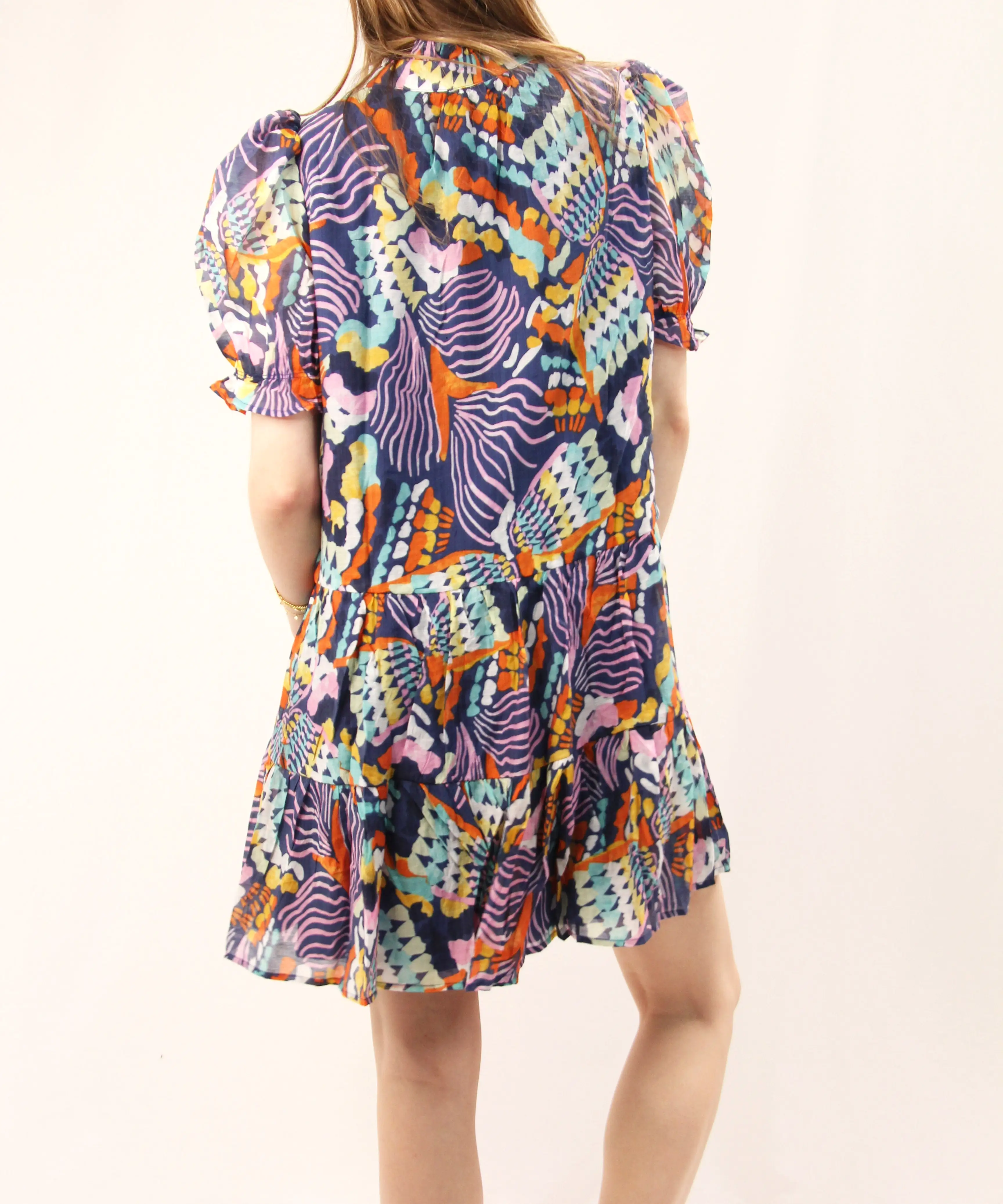 Printed Short Sleeve Dress - Blue