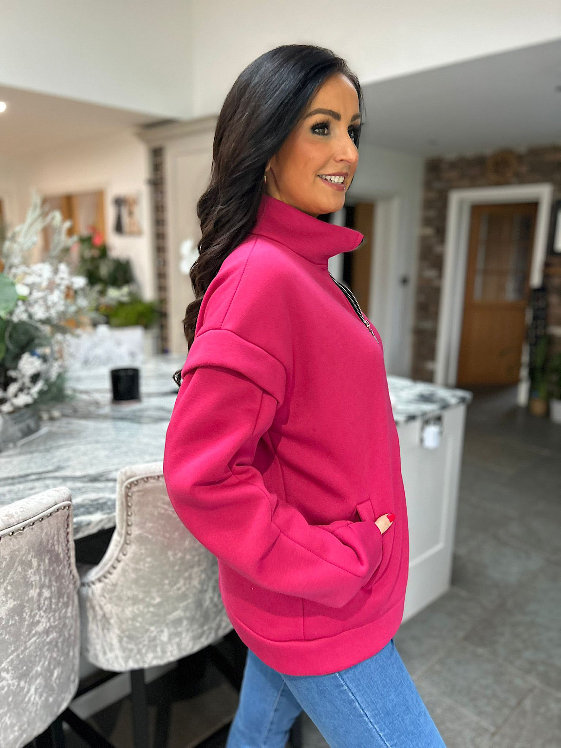 Raspberry Ruched Sleeve Jacket Tess