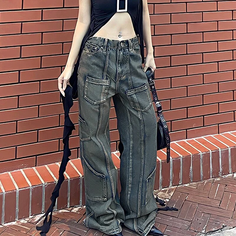 Safari Style Fashion Tech Pants High Waist Patchwork Pockets Distressed Baggy Trousers Jeans