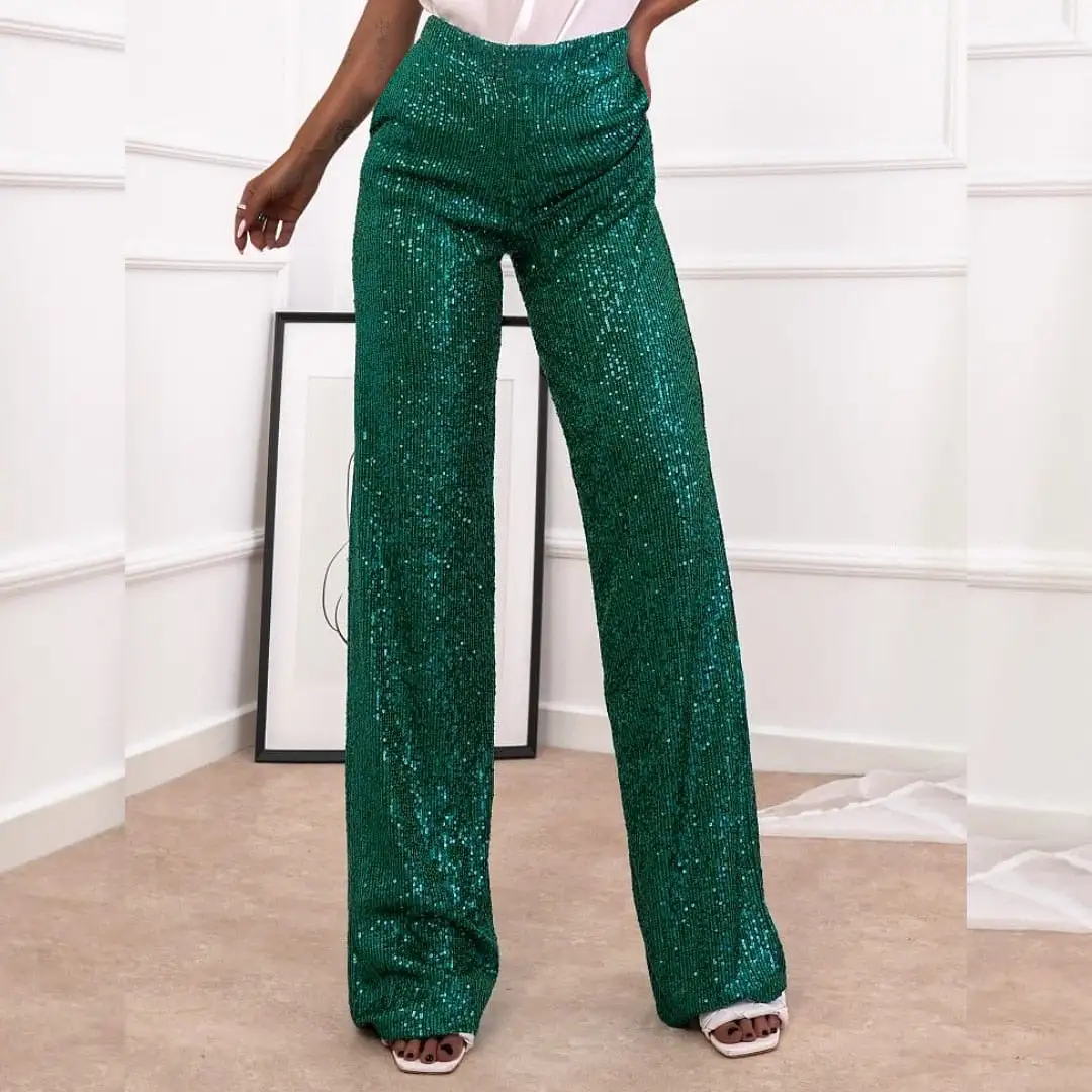 Silver Sequins Pants for Women Elegant High Waist Shiny Party Pant