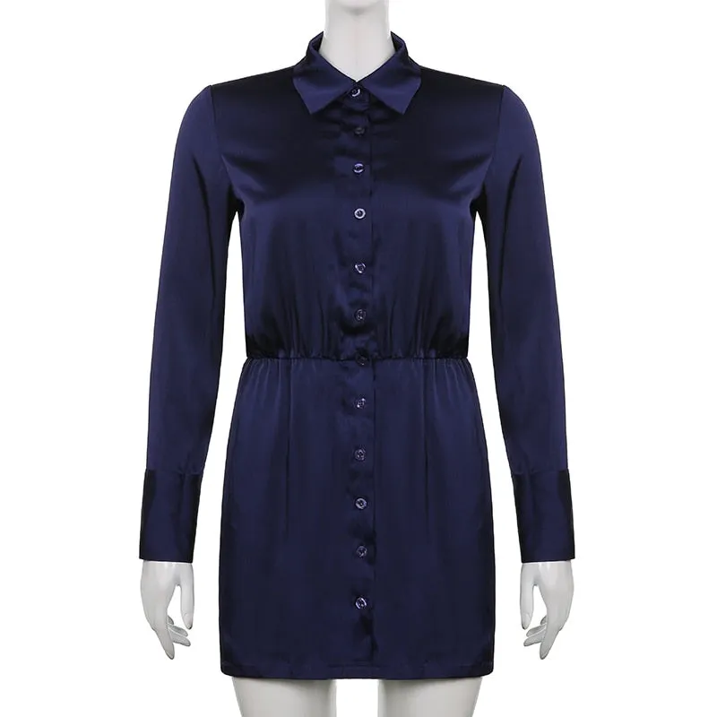 Solid Satin Turn Down Collar Long Sleeve Mini Shirt Dress for Women