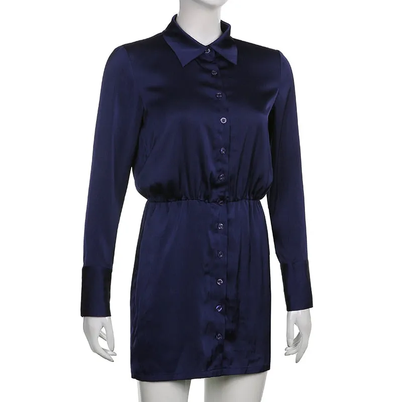 Solid Satin Turn Down Collar Long Sleeve Mini Shirt Dress for Women