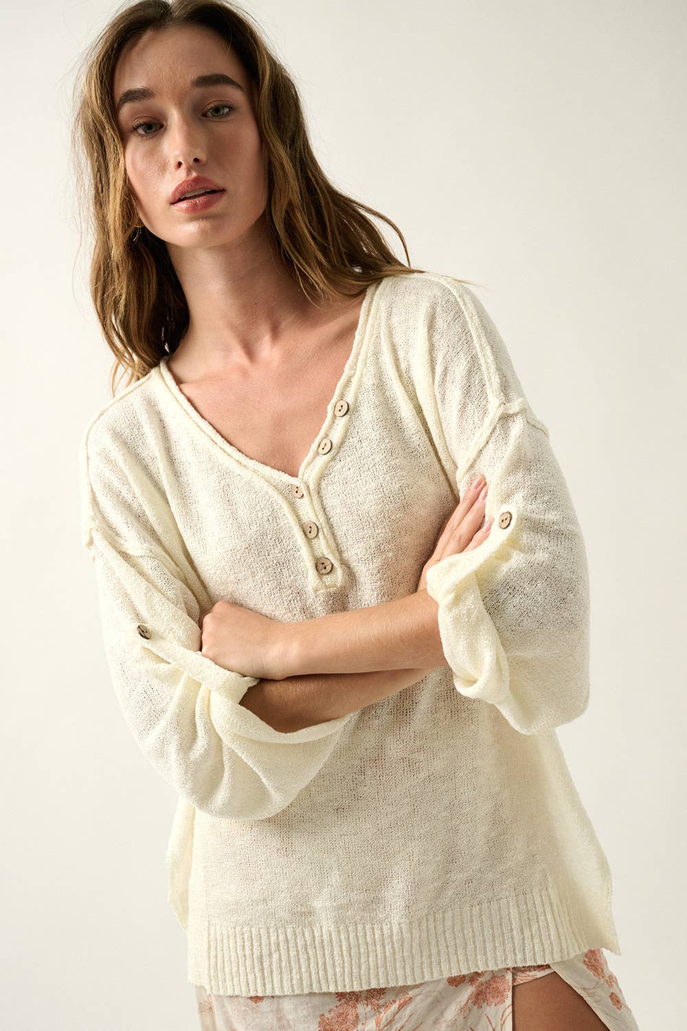 Spring Breeze Lightweight Knit Oversized Roll-Up Henley Sweater