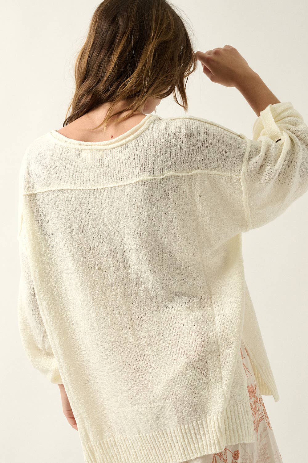 Spring Breeze Lightweight Knit Oversized Roll-Up Henley Sweater