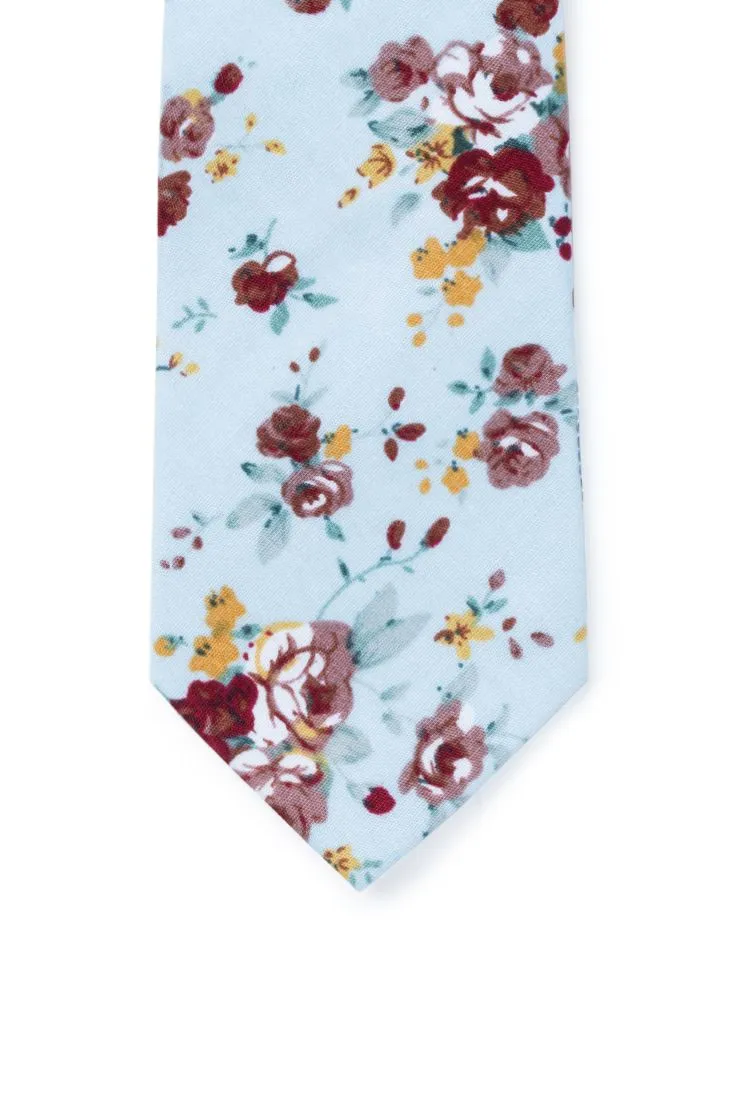 Stephen Floral Print Neck Tie - Light Blue & Wine