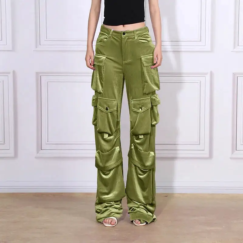 Velvet Cargo Pants Women Hip Versatile Casual Pockets Solid Straight High Waist Trousers for Female