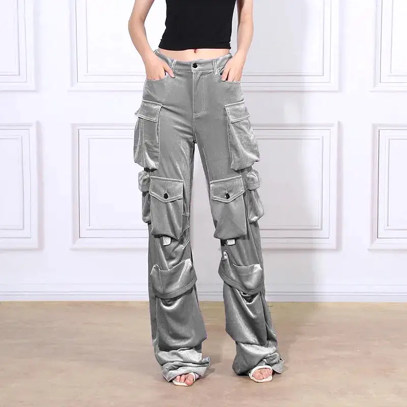 Velvet Cargo Pants Women Hip Versatile Casual Pockets Solid Straight High Waist Trousers for Female