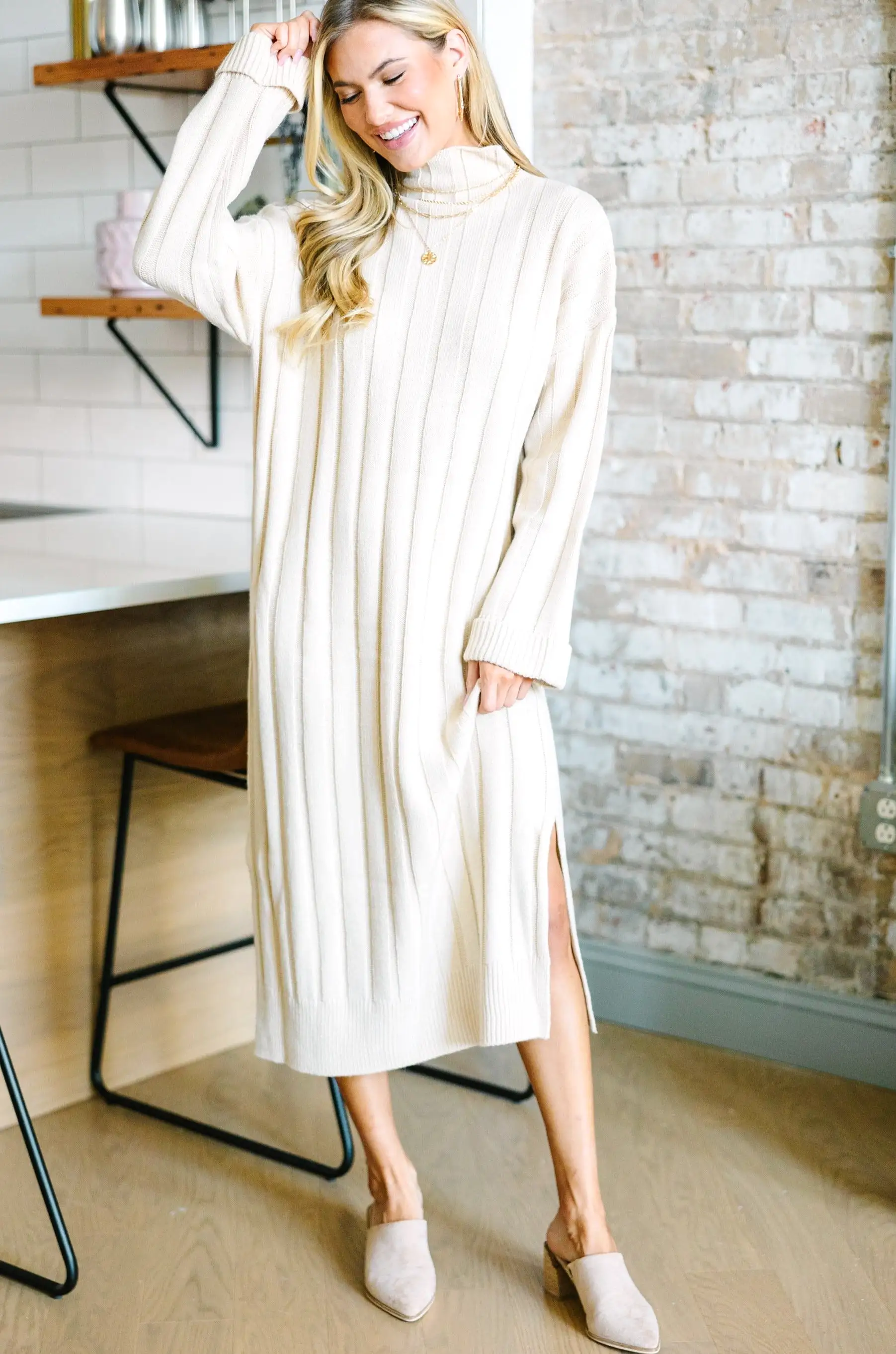 What You Need Oatmeal Brown Midi Sweater Dress