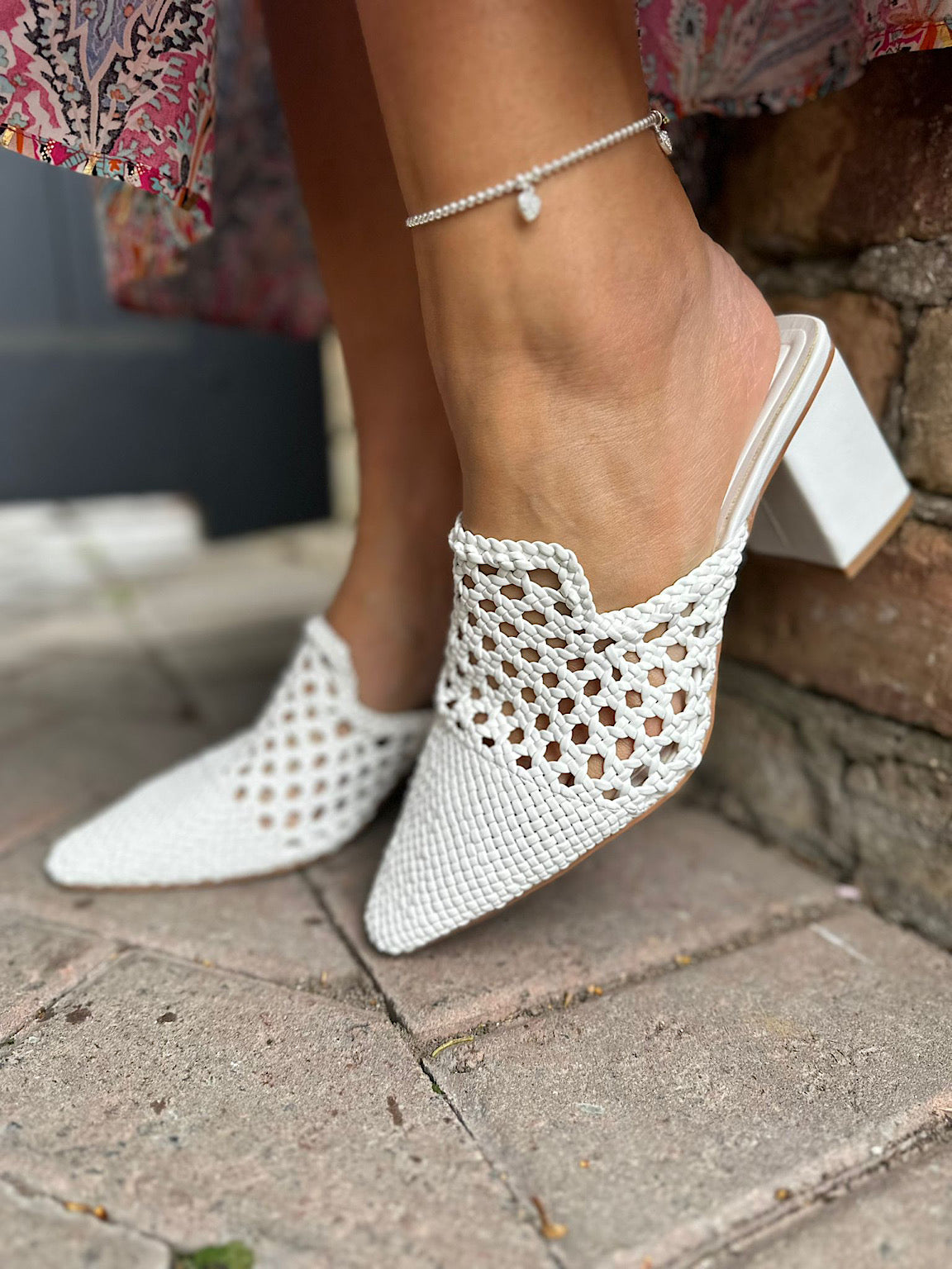 White Weave Block Heel Shoes