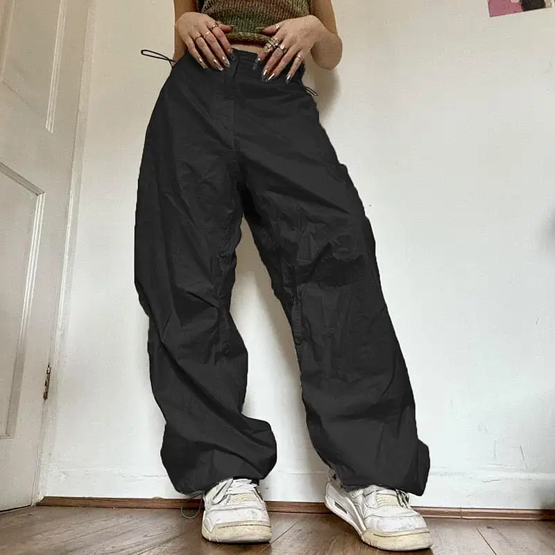 Women Y2K Cargo Pants Solid Low Waist Sweatpants Drawstring Wide Leg Baggy Trousers 2023 Summer Streetwear Punk Casual Tech Pant