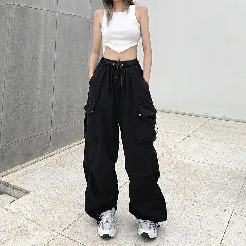 Women Y2K Cargo Pants Solid Low Waist Sweatpants Drawstring Wide Leg Baggy Trousers 2023 Summer Streetwear Punk Casual Tech Pant